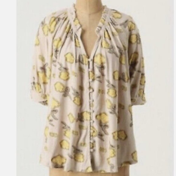 Anthropologie ETT TWA Yellow Floral Shirt Top Blouse Boxy Size XS oversized - Picture 1 of 7